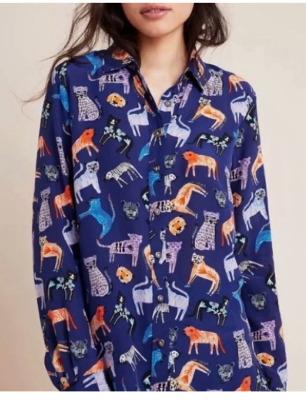 Anthropologie Carolyn Gavin Mariposa Silk Cat Animal Print Blouse 0 Button Down
